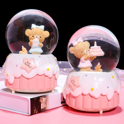 Cute Bowknot Bear and Birthday Cake Crystal Ball Music Box Decoration Music Box Send Children's Birthday Gifts