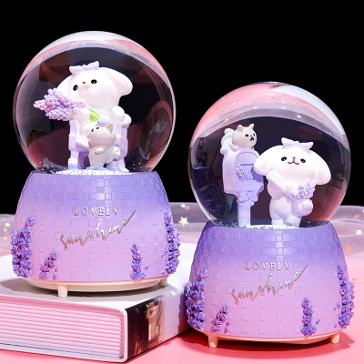 INS Girl Heart Purple Lavender Bear Crystal Ball Music Box Decoration Music Box Rotating Snow Children's Gift