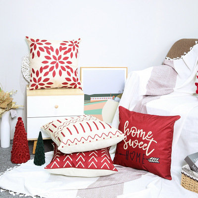 Red Digital Printing Sofa Office Cushion Lumbar Pillow Square Pillow Case Cotton And Linen Geometric Leaves Pillow Cover
