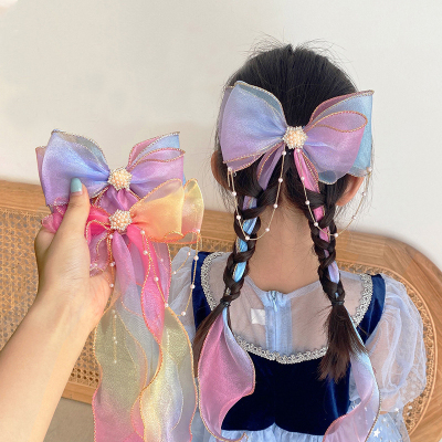 Children's Hair Accessories Pearl Tassel Bow Ribbon Braided Hair Hairpin Headdress Summer Frozen Girl Princess Hairpin