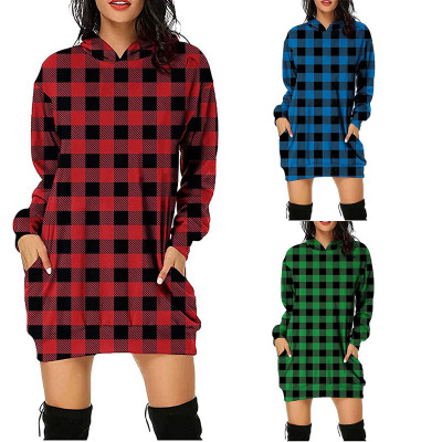 Europe and America Cross Border New Foreign Trade Amazon Printed Plaid Mid-Length Pocket Hooded Long Sleeve Sweater Women's Clothing