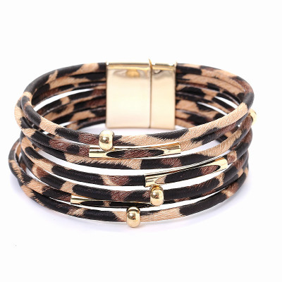 Cross-Border European and American Hot Alloy Magnetic Buckle New Leopard Bracelet String Beads Small Commodity Leather Bracelet Copper Tube Bracelet