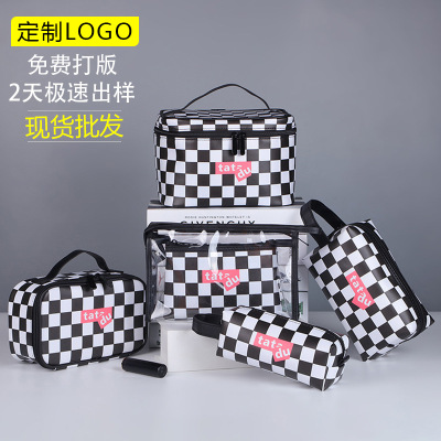 New Cosmetic Bag Black and White Chessboard Grid Wash Bag Korean Style Cosmetic Case Large Capacity Travel Cosmetics Storage Bag