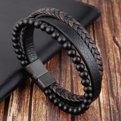 Natural Stone Volcanic Rock Leather Bracelet Stainless Steel Leather Braided Bracelets Multi-Layer Men's Titanium Steel Jewelry L20127