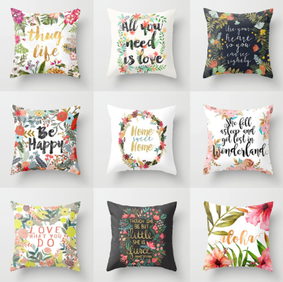 Formula Flower Letter Printed Polyester Peach Skin Pillow Cover Foreign Trade Exclusive Supply