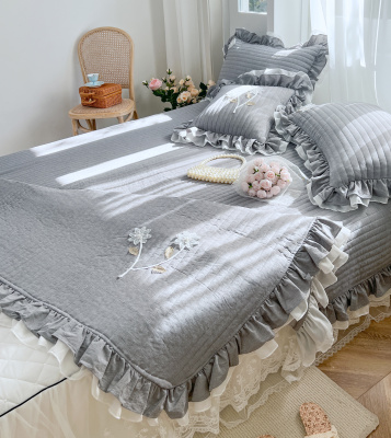 2022 Korean Style Ins Princess Style Quilted Quilted Bed Cover One-Piece Pure Cotton Flounce Cotton Bed Sheet Three-Piece Set