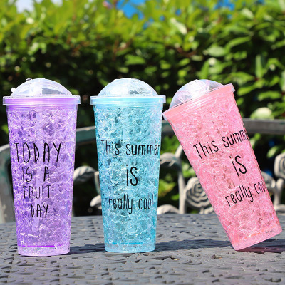 Summer Cup with Straw Portable Double Wall Water Bottle Refrigeration Ice Cup
