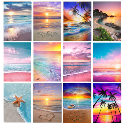 5D Diamond Painting Seaside Landscape Full Diamond DIY Beach Shell Cross Stitch round Diamond Starfish Decorative Painting 30 * 40cm