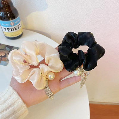 Retro French Large Intestine Hair Ring Mori Style Internet Hot New Hairtie Women's Simple Dignified Rhinestone Tassel Pearl Hair Ring