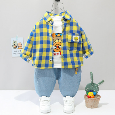 Children's Fashionable Plaid Cardigan Shirt Three-Piece Suit One Piece Dropshipping Spring and Autumn New Boys' Casual 