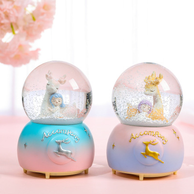 Deer Girl Crystal Ball Music Box Resin Craft Ornament Automatic Snow Colorful Light Music New Music Box