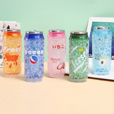 Internet Celebrity Water Cup Girls Good-looking Cola Crushed Ice Cup Creative Cans Plastic Water Cup Double Layer Push Cover Cup with Straw