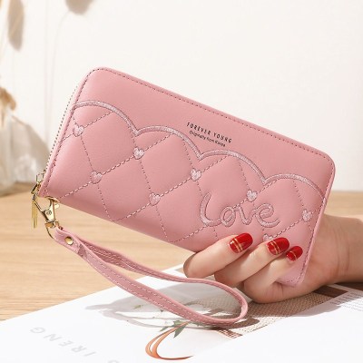 Long Wallet Love Pu Embroidery Thread Women's Clutch Wallet Multiple Card Slots Fashion All-Match Phone Bag Wallet