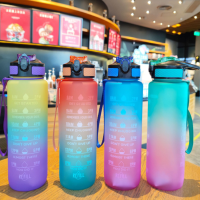 Gradient Color Water Bottle Sports Bottle Portable Rope Holding Suction Nozzle Water Cup 1000ml Gym Sports Bottle Adult