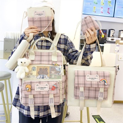 Japanese and Korean Casual Ins Schoolbag for Primary School Students Women's Backpack Plaid Waterproof Canvas Junior High School Backpack Women's Mummy Bag