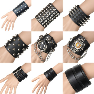 Non-Mainstream Punk Exaggerated Wide Leather Wristband Martial Arts Performance Rivet Leather Bracelet Leisure Sports Hand Strap