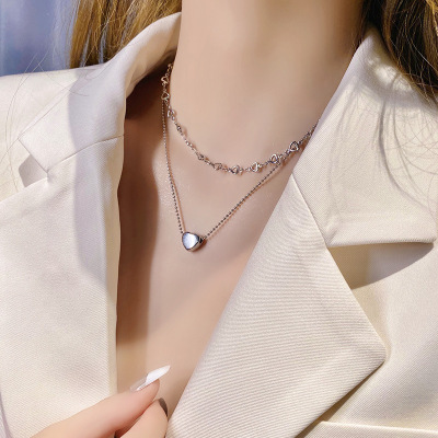 Isn Style Fashion Personality Double Layers Loving Heart Titanium Steel Necklace Women's Retro Hip-Hop Fashion Clavicle Chain Cold Style Pendant