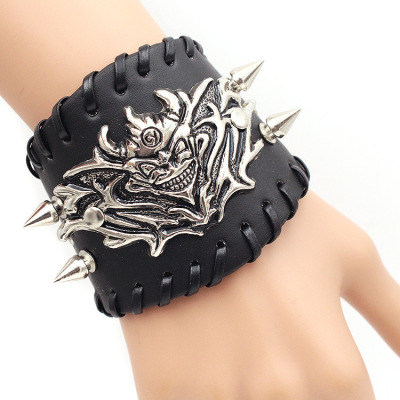 Pb61 Factory Supply Foreign Trade Ornament European and American Punk Wide Version Devil Rivet Braided Edge Leather Bracelet