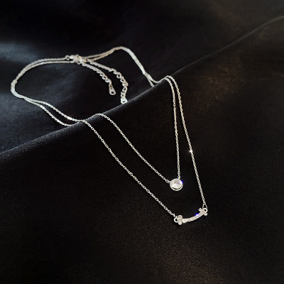Korean Fashion Ins Double-Layer Pendant Cold Style Elegant Zircon Titanium Steel Necklace Personality Trendy Design Clavicle Chain