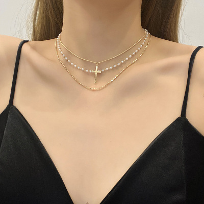 European and American Vintage Pearl Cross Necklace Women's Design Double-Layer Fashion Clavicle Chain Graceful Personality Simple Pendant