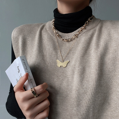 2021 New Fashion Necklace Women's Fashionable Elegant Butterfly Double Layer Twin Clavicle Chain European Hip Hop Retro Pendant