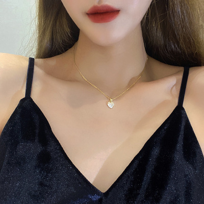 Affordable Luxury Fashion Ins Style Trendy Titanium Steel Necklace Simple Heart-Shaped Full of Diamond Clavicle Chain Cold Style Creative Pendant
