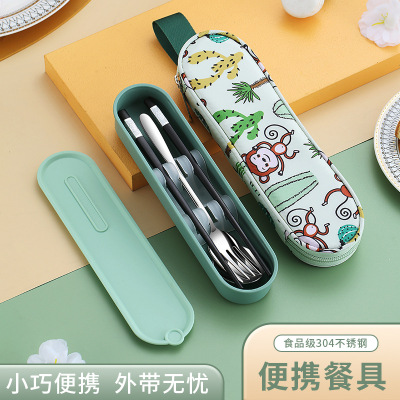 304 Stainless Steel Chopsticks Cutlery Set Student Portable Tableware Bag Set Cartoon Spoon Children Spoon Chopsticks