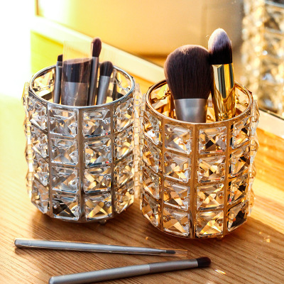 Light Luxury European Crystal Pen Holder Beauty Dressing Table Finishing Storage Container Comb Eyebrow Pencil Makeup Brush Storage Bucket