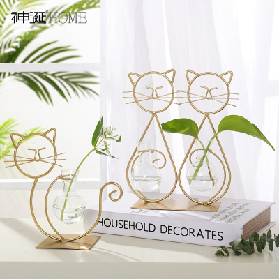 INS Style Golden Iron Cute Animal Shape Hydroponic Glass Vase Decoration Living Room Creative Flower Arrangement Decorations