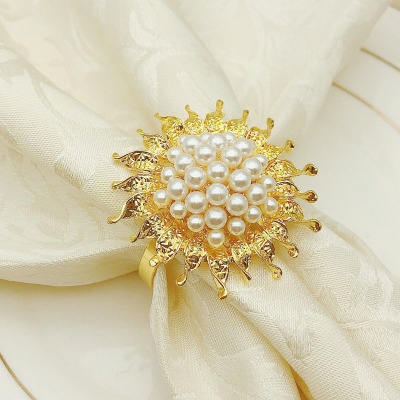 SunFlower Metal Napkin Ring with Pearl Towel Buckle for Wedding Party Dinner Table Decor