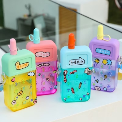 2022 Summer New Mobile Phone Children Student Plastic Cup with Strap Cartoon Straw Cup Outdoor Water Cup
