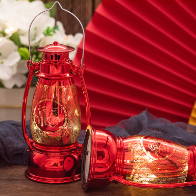 Red Led Storm Lantern Chinese New Year Decoration Small Oil Lamp Portable Electronic Barn Lantern Halloween Candlestick Bar Atmosphere Layout