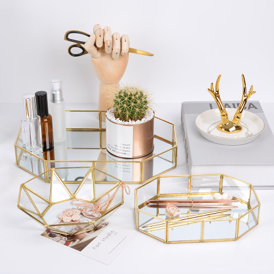 Nordic Instagram Style Glass Storage Tray Gold Tray Simple Jewelry Cosmetic Desktop Storage Box Vintage Tea Tray