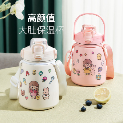 Trending Creative DIY Cute Female Outdoor Children's Thermos Mug with Straw Student 304 Stainless Steel Big Belly Drinking Cup