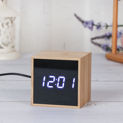 New Wooden Bamboo Alarm Clock Home Living Room Lcdclk Bamboo Mirror Led Digital Wooden Clock