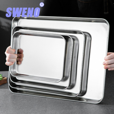 304 Stainless Steel Barbecue Plate Square Plate Thickened and Deepened Rice Noodles Flat Tray with Strainer Steamed Rice Tray Dessert Plate