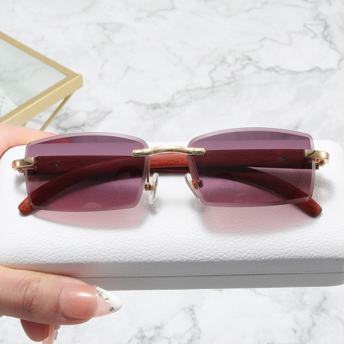 new diamond trimming frameless sunglasses women‘s fashionable retro imitation wood leg metal square sunglasses uv protection