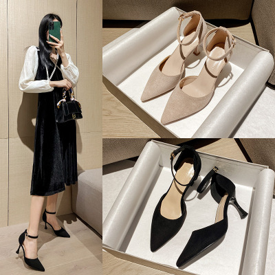 Suede Pumps Mid Heel 2020 New French Joker Girl Pointed High Heel Shoes Internet Celebrity Chunky Heel Closed Toe Sandals Women