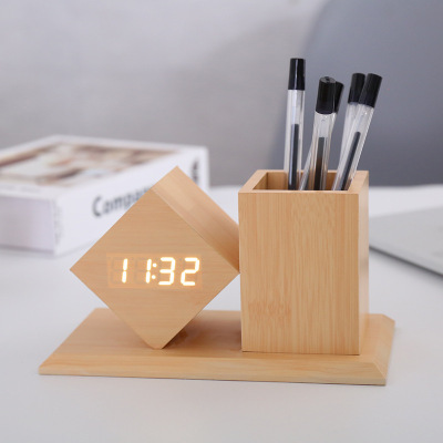 Led Wooden Alarm Clock Creative with Pen Holder Fashion Gift Wooden Clock Multifunctional Digital Display Student Desktop Antair Nightstand