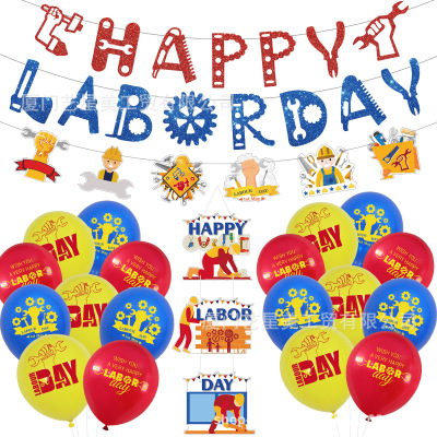 Labor Day Theme Holiday Party Decoration Set Hanging Flag Rubber Balloons Cake Decorative Flag Scene Setting Supplies