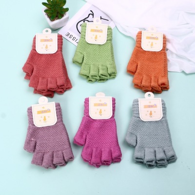 Children's Knitted Gloves Half Finger Autumn and Winter Warm Kids Pupils' Writing Baby Open Finger Touch Screen Gloves Wholesale