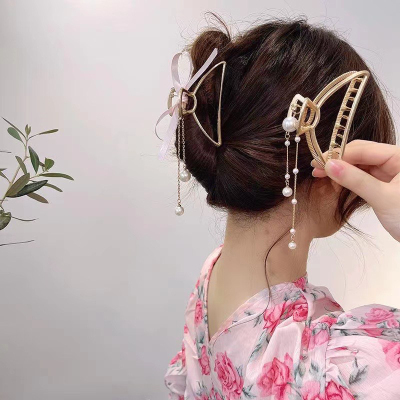 Pearl Pendant Barrettes Back Head Grip Female Korean Internet Celebrity 2021new Clip Hairware Elegant Shark Clip