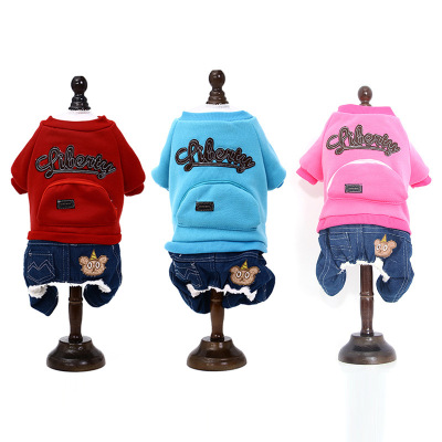 Dog Clothes Autumn and Winter New Four-Legged Embroidered Denim Pet Clothing Small Dog Sanitary Pet Clothing