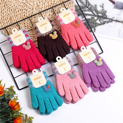 New Twill Autumn And Winter Thickened Gloves Full Finger Knitted Gloves Jacquard Striped Student Children Warm Gloves