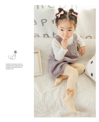 Children's  Autumn and Winter Baby Leggings Vertical Stripes Solid Color Big Bottom Crotch Big Bow Children Pantyhose