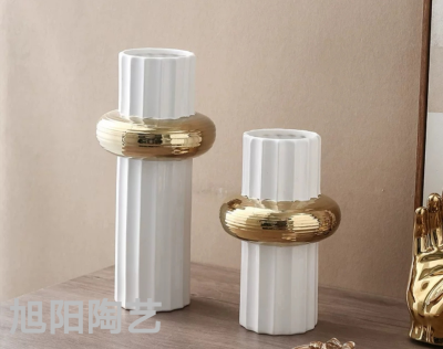 Modern Light Luxury Living Room Golden Circle Ceramic Vase Model Room Hotel Hallway Decorative Flowerpot Designer Creative Decoration