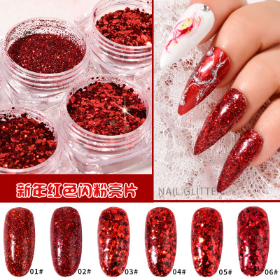 Wholesale Manicure New Year Bright Red Sequins 6 Bottles Pop-up Glitter Net Red Sequins Nail Ornament Gradient Flash Powder Set