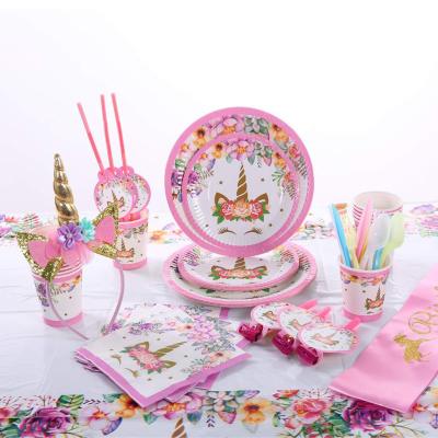 2020 Children's Birthday Supplies Party Tableware Paper Cup Paper Pallet Hanging Flag Hat Pink Unicorn Cake Decoration