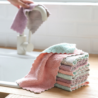 Kitchen Household Two-Color Dish Towel Wet and Dry Dual-Use Dishcloth Coral Velvet Rag Strong Absorbent Cloth