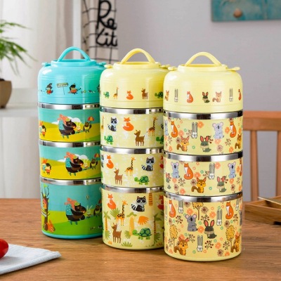 201 Stainless Steel Insulated Lunch Box Cartoon round Multi-Layer Children's Student Lunch Box Portable Lunch Box